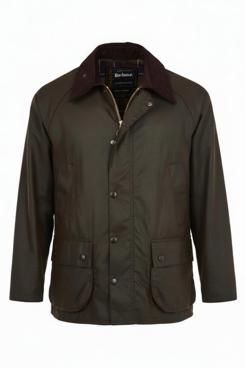 Men's dark olive waxed jacket with button-up front, corduroy-lined collar, chest pockets