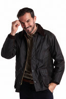 Men's waxed Bedale jacket with brown collar, button front, and front pockets