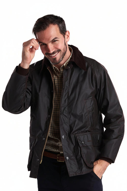 Men's waxed Bedale jacket with brown collar, button front, and front pockets
