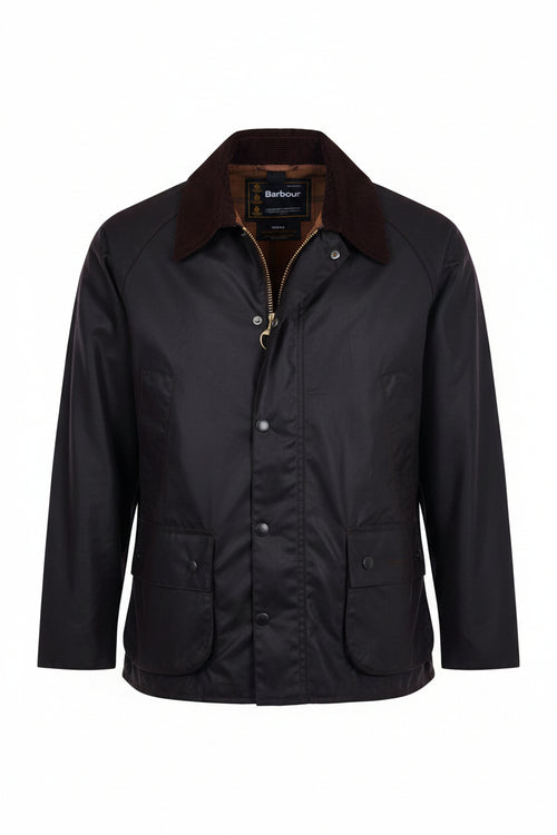 Men's waxed Bedale jacket with brown collar lining, button front, and chest pockets
