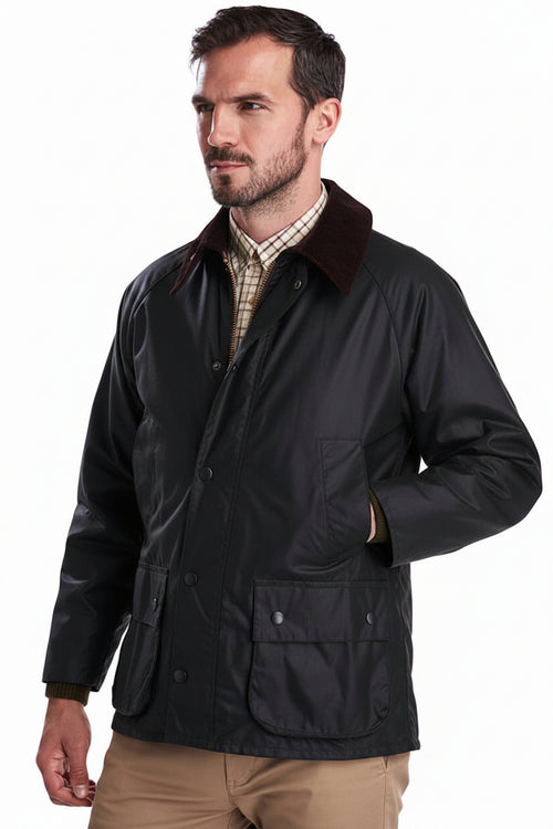 Men's waxed Bedale jacket with dark brown corduroy collar, button front, pockets