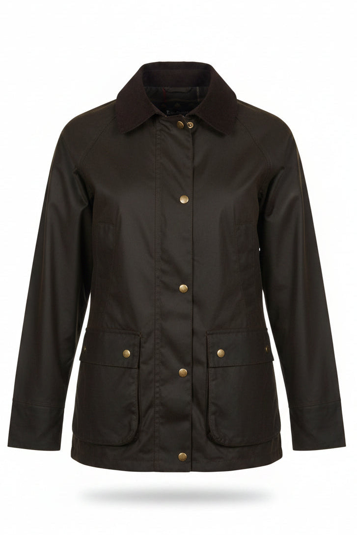 Barbour womens olive wax jacket front view with stand collar, button placket, and patch pockets