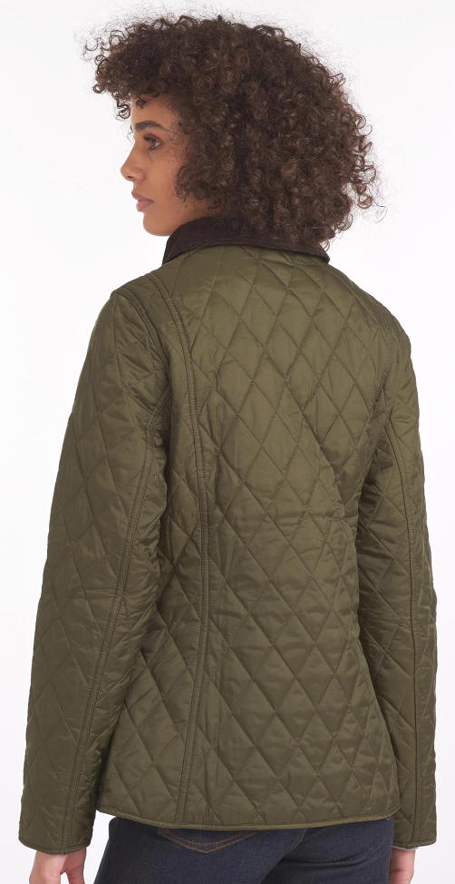 Olive quilted womens jacket with diamond stitching and dark cord collar, button closure
