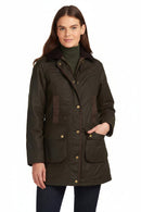 Women's dark olive wax cotton jacket, button-front with two chest pockets and hood-free collar