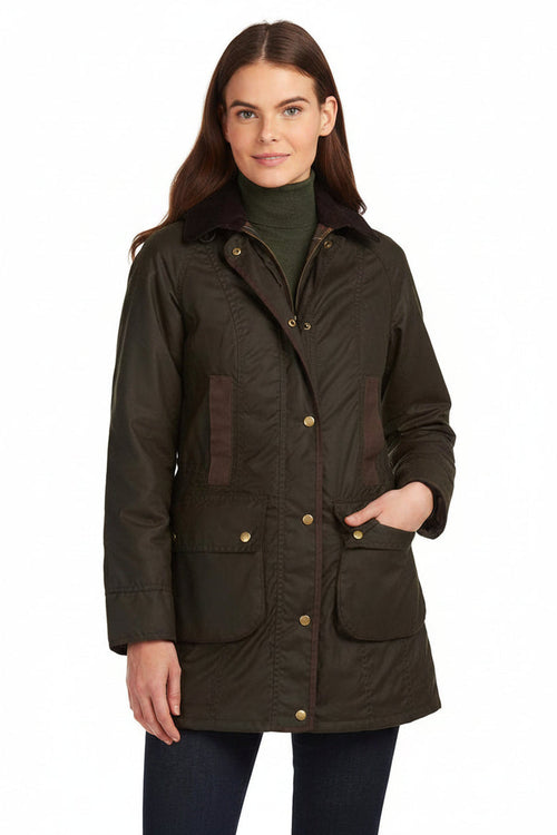 Women's dark olive wax cotton jacket, button-front with two chest pockets and hood-free collar