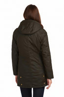 Women's dark olive wax cotton jacket, back view with hood and buttoned pockets hem