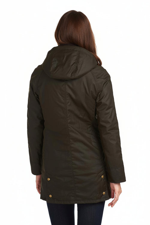 Women's dark olive wax cotton jacket, back view with hood and buttoned pockets hem