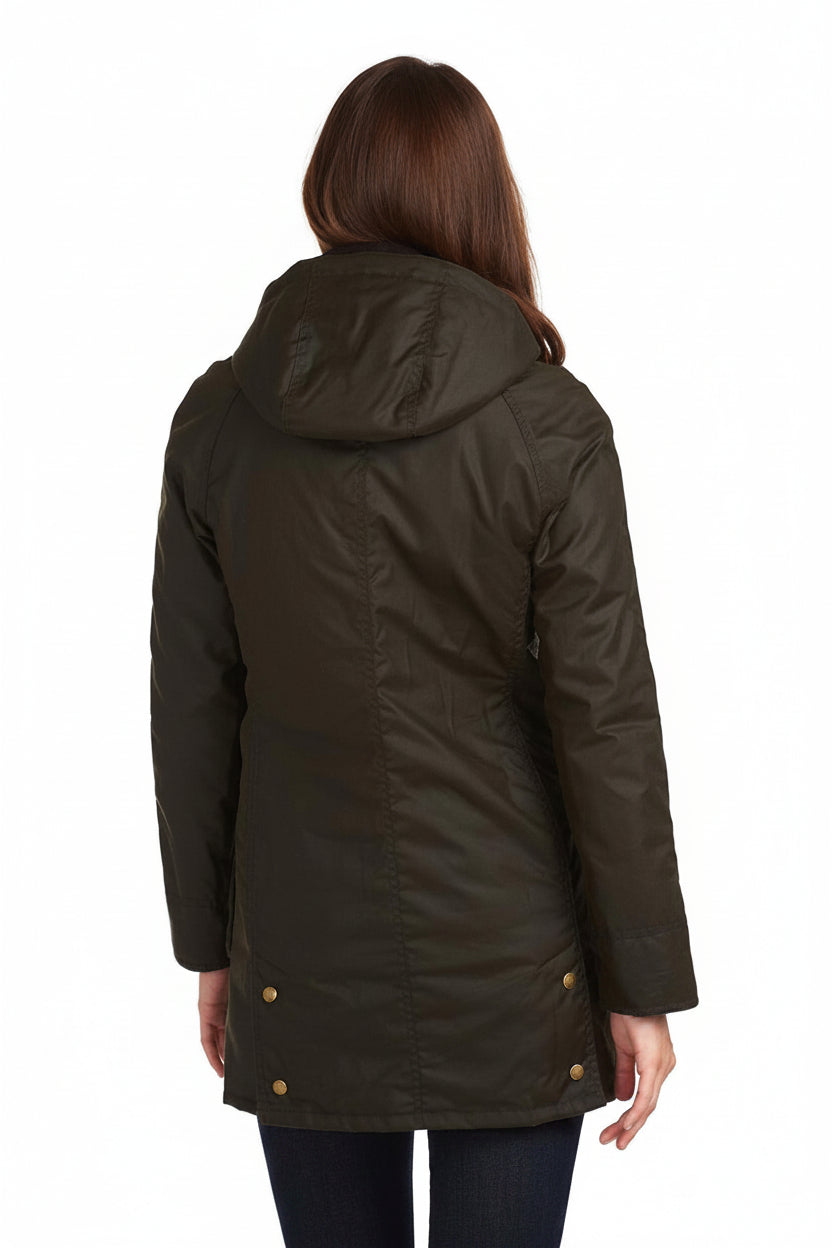 Women's dark olive wax cotton jacket, back view with hood and buttoned pockets hem
