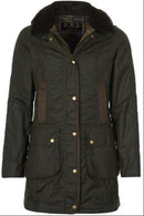 Women's dark olive wax cotton jacket with hood and plaid inner lining, button front