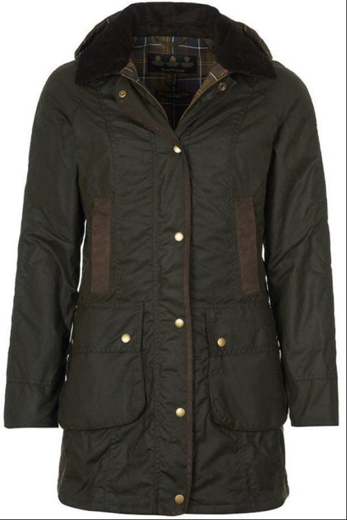Women's dark olive wax cotton jacket with hood and plaid inner lining, button front