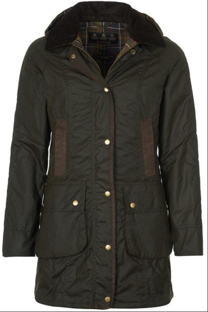 Women's dark olive wax cotton jacket with hood and plaid inner lining, button front