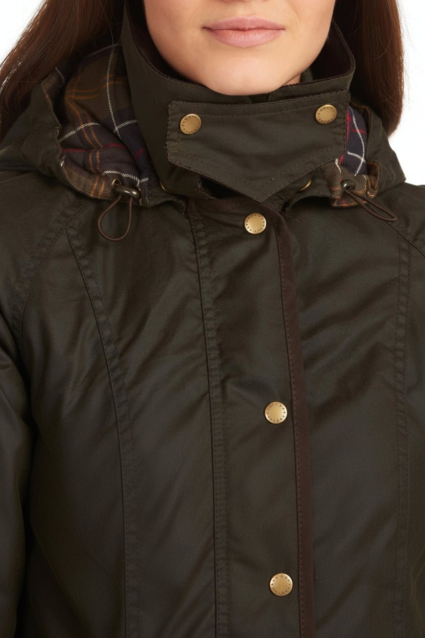 Women's dark olive wax cotton jacket, close-up of hood with drawcord toggles and gold buttons