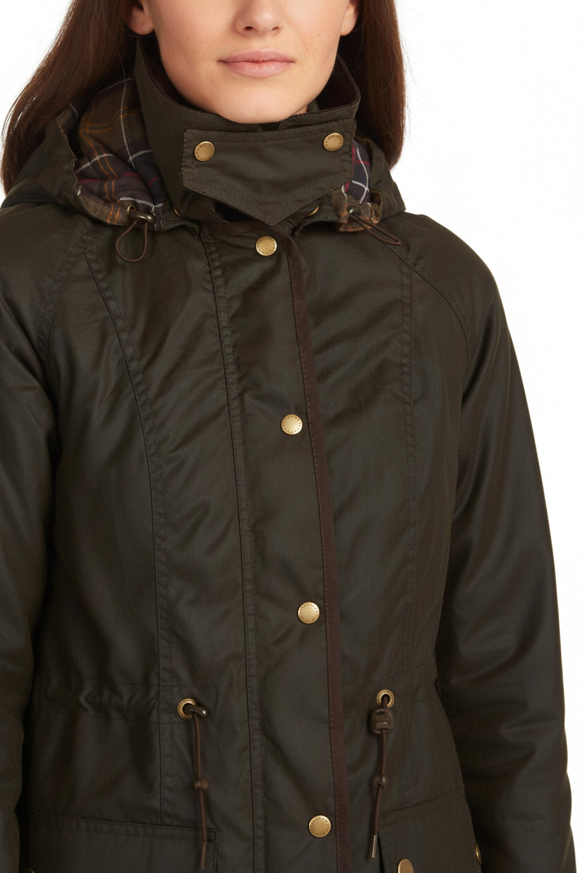 Women's dark olive wax cotton jacket, high collar with gold buttons and drawcord ties