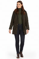 Women's dark olive wax cotton jacket, full-length front with hood, gold buttons, and utility pockets