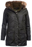 Olive wax cotton women’s jacket with fur-trim hood, zip front, and snap pockets