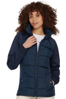 Navy quilted jersey jacket with zip front and stand collar, Barbour logo at chest