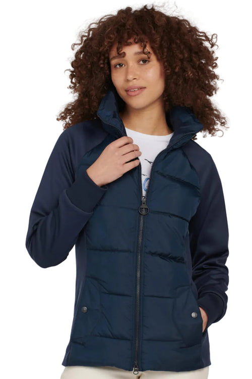 Navy quilted jersey jacket with zip front and stand collar, Barbour logo at chest