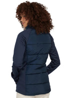Navy quilted jersey jacket with full zip and stand collar, back view