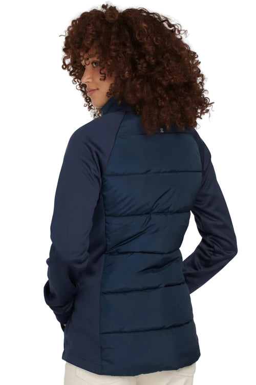 Navy quilted jersey jacket with full zip and stand collar, back view