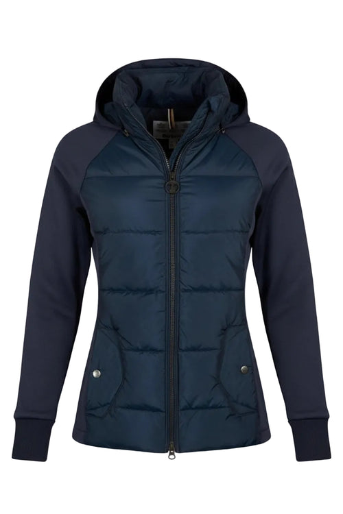 Navy quilted jersey jacket with stand collar and zip front, long sleeves