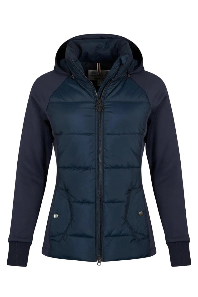 Navy quilted jersey jacket with stand collar and zip front, long sleeves