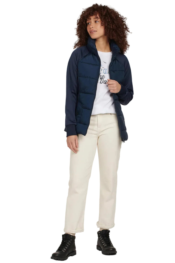 Navy quilted jersey jacket with zip front, worn with white tee and light pants
