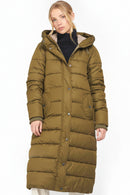 Women's long quilted hooded jacket in olive green, front button placket