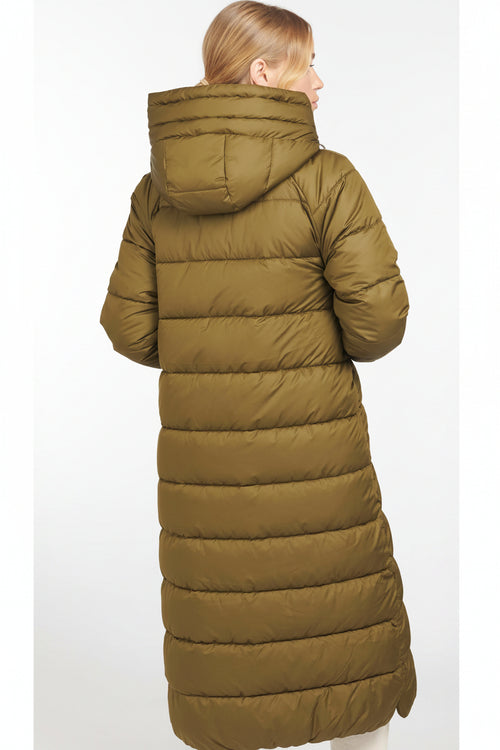 Women's long quilted hooded jacket in olive green, back view with horizontal baffles