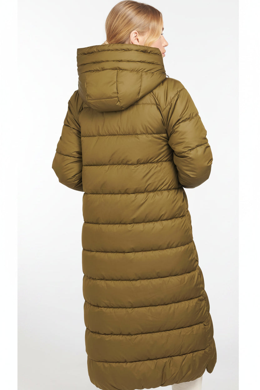 Women's long quilted hooded jacket in olive green, back view with horizontal baffles