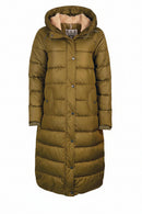 Women's long quilted hooded jacket in olive green with button front and fleece collar
