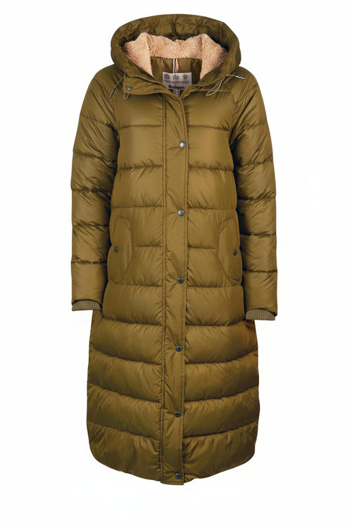 Women's long quilted hooded jacket in olive green with button front and fleece collar