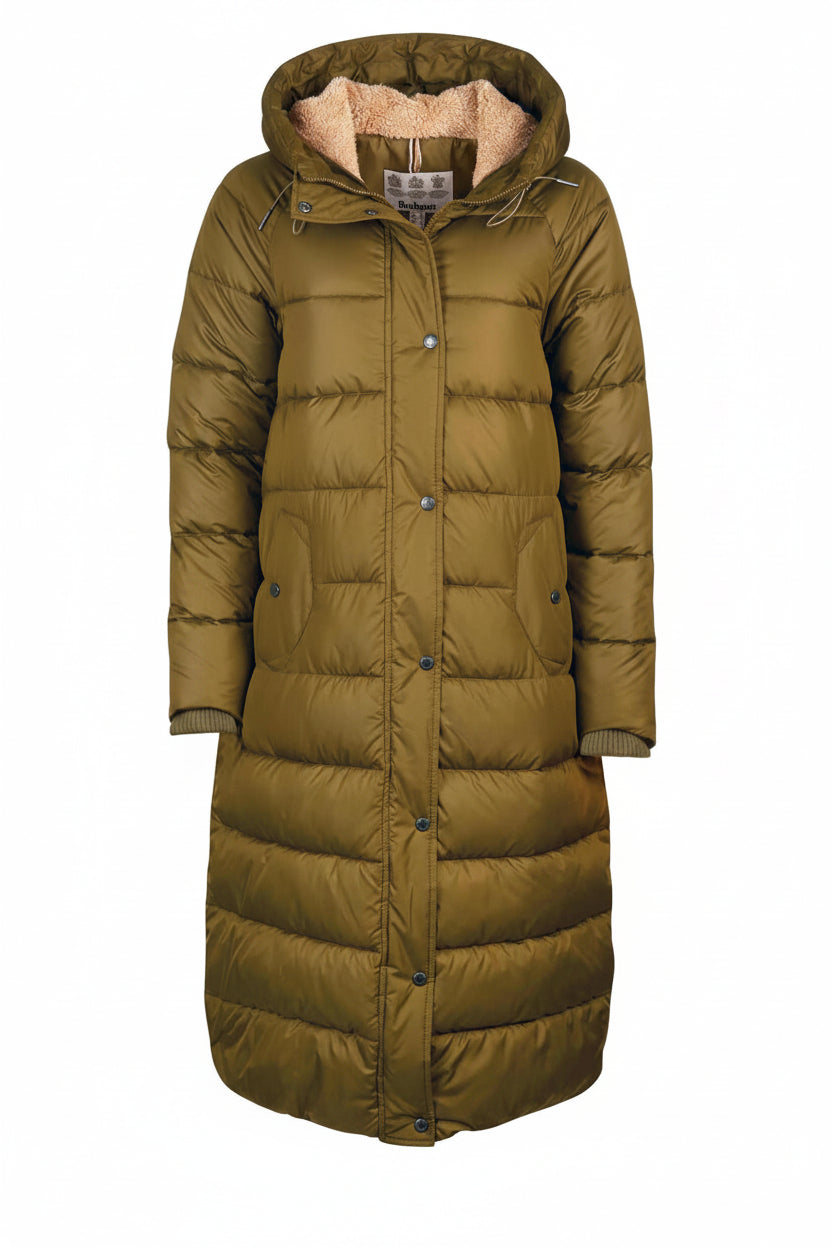 Women's long quilted hooded jacket in olive green with button front and fleece collar