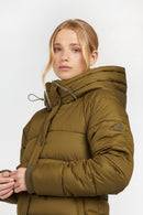 Women's olive green quilted hooded jacket with drawstring hood and ribbed cuffs