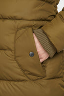 Olive green quilted jacket sleeve with metal snap and ribbed inner cuff