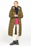 Women's long olive green quilted hooded jacket, model wearing with jeans and boots