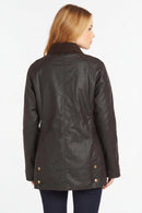 Ladies dark wax Beadnell jacket, stand collar, gold snap buttons, side patch pockets