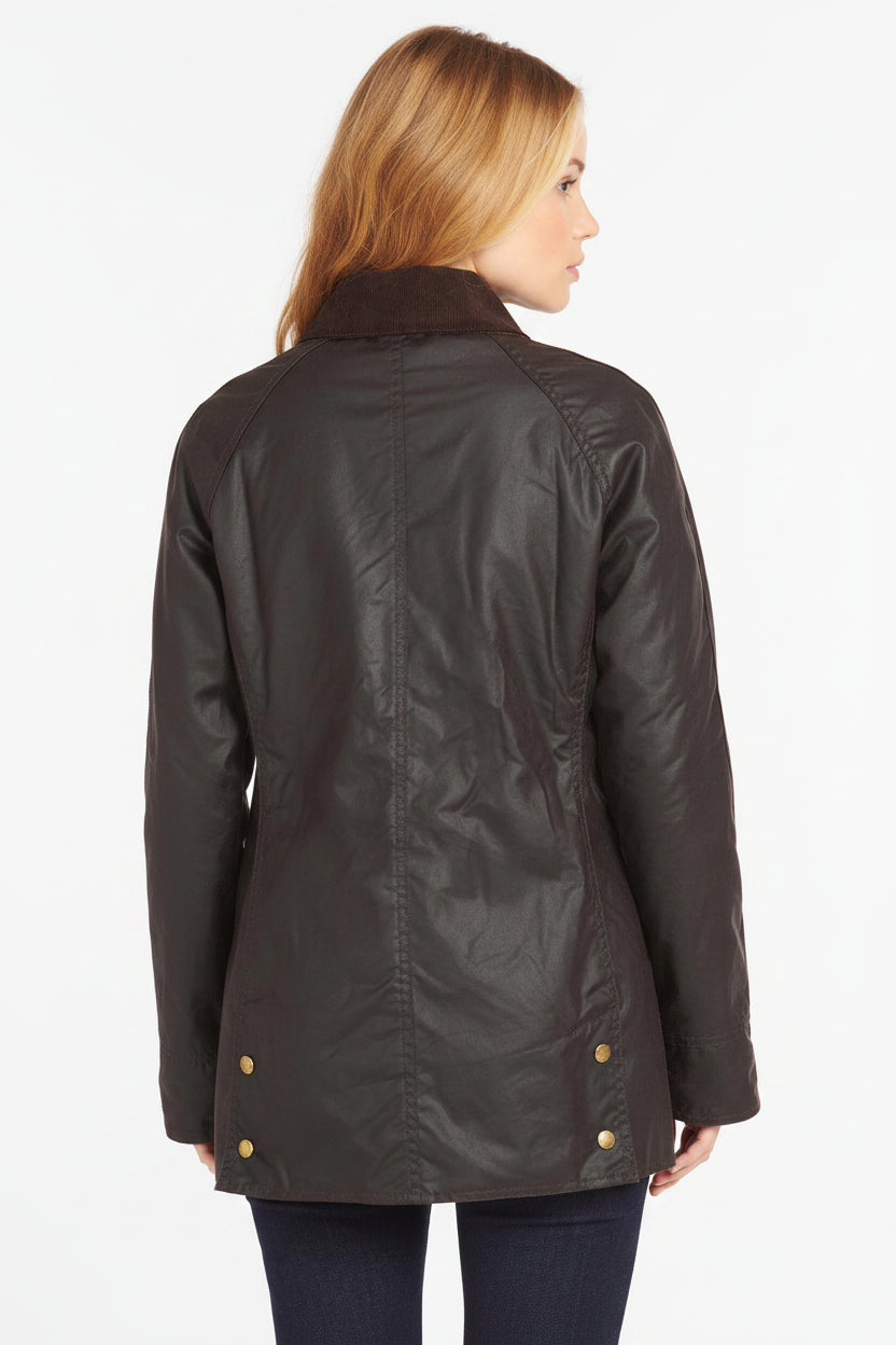 Ladies dark wax Beadnell jacket, stand collar, gold snap buttons, side patch pockets