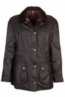 Ladies dark wax Beadnell jacket with brown plaid lining at collar and buttoned front