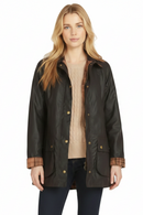 Ladies dark wax jacket with stand collar, gold snap buttons, and plaid cuff trim