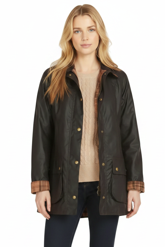Ladies dark wax jacket with stand collar, gold snap buttons, and plaid cuff trim