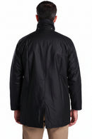 Men's black wax jacket, back view with stand collar and center vent hem