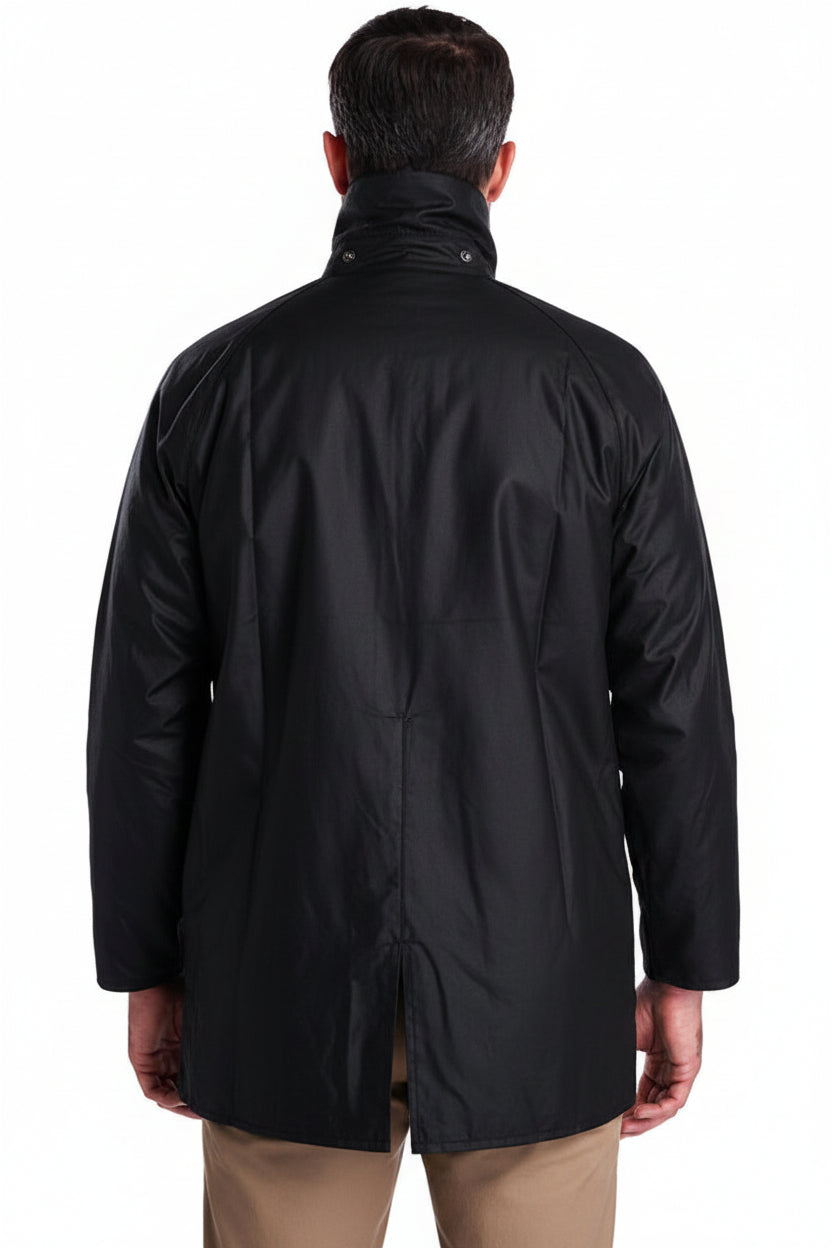 Men's black wax jacket, back view with stand collar and center vent hem