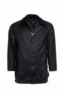 Black wax jacket on hanger with snap front and two side flap pockets