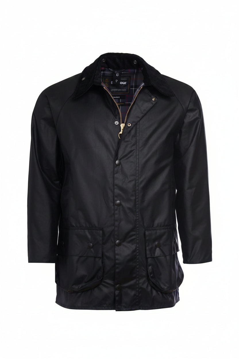 Black wax jacket on hanger with snap front and two side flap pockets