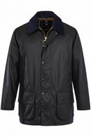 Barbour Beaufort wax jacket dark navy, front view with button placket and zipper