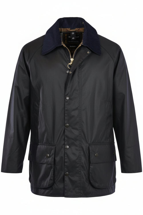 Barbour Beaufort wax jacket dark navy, front view with button placket and zipper