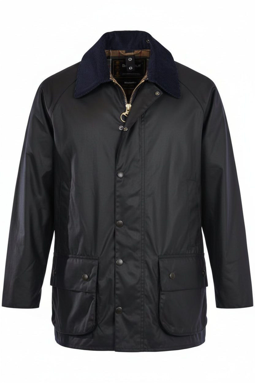 Barbour Beaufort wax jacket dark navy, front view with button placket and zipper