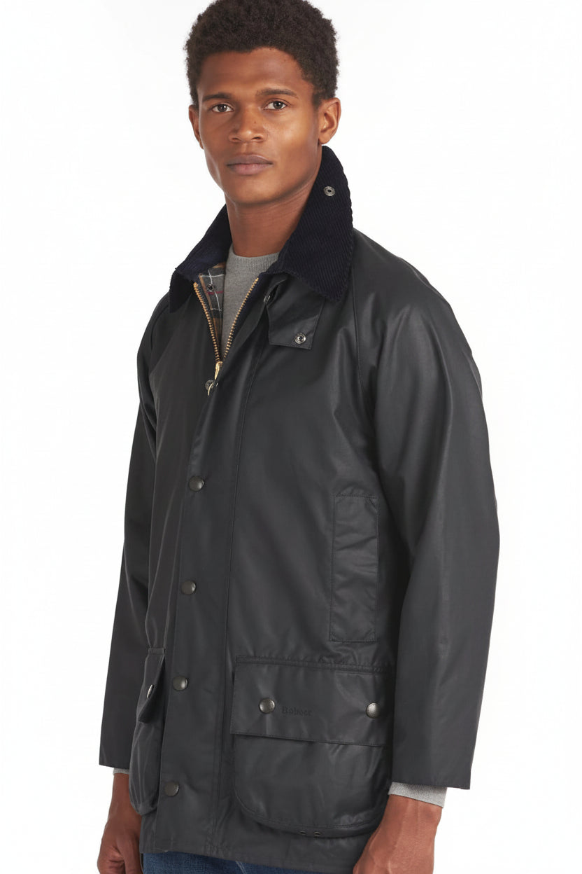 Barbour Beaufort wax jacket in dark navy, button front, flap pockets, high collar