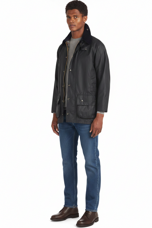 Barbour Beaufort wax jacket dark navy, button front with side pockets