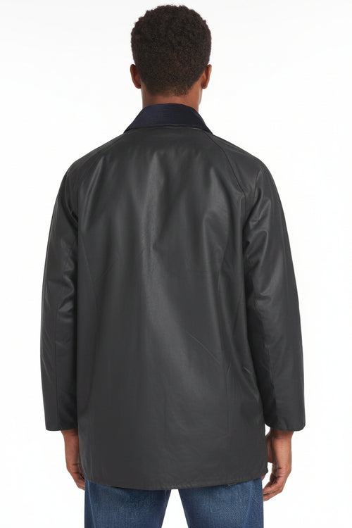 Barbour Beaufort wax jacket back, dark navy with high collar and full sleeves